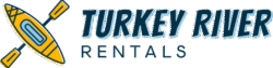 Logo with a yellow kayak and "Turkey River Rentals" text in bold blue letters.