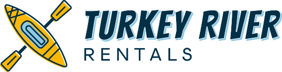 Logo with a yellow kayak and "Turkey River Rentals" text in bold blue letters.